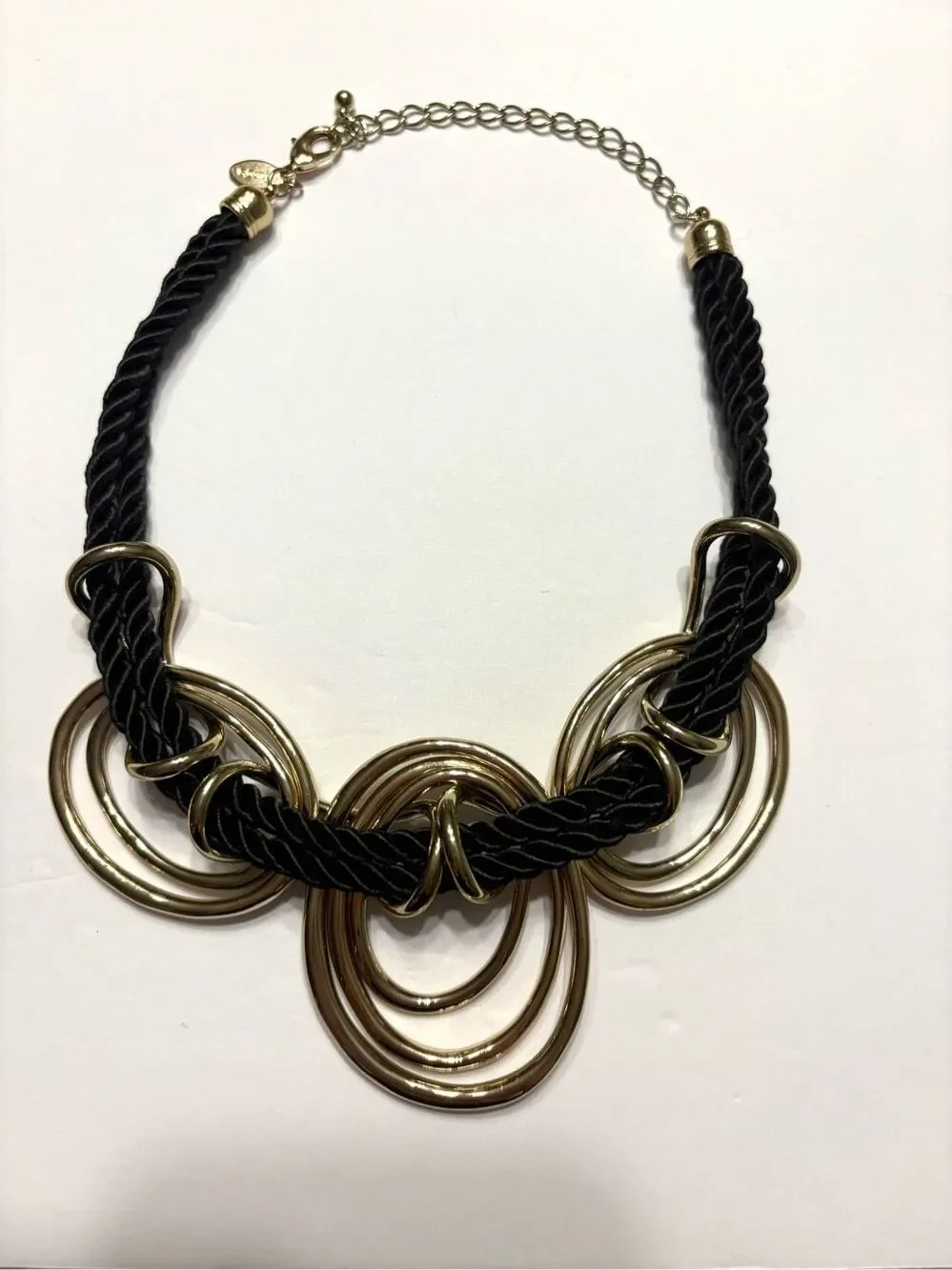 Chico’s Women’s Black Rope with Gold Tone Chunky Rings Statement Necklace
